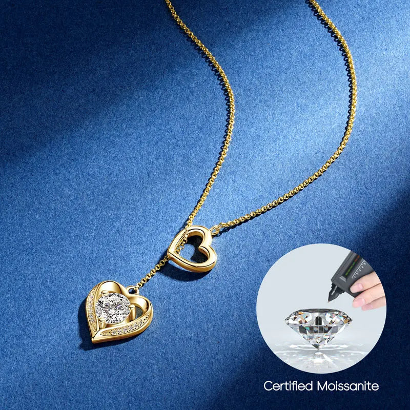 Heart Shaped Necklace Sterling Silver 925 6.5mm & 0.9mm Round Moissanite Double Heart Necklace Women's Fashion Y-Shaped Necklace