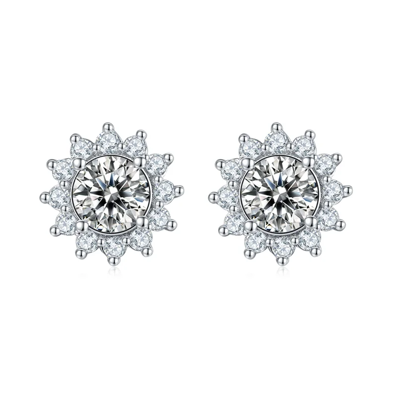 Fashionable S925 Sterling Silver Diamond 925 Silver Round Cut VVS Moissanite 5.0mm Sun Flower Stud Earrings Jewelry for Woman
