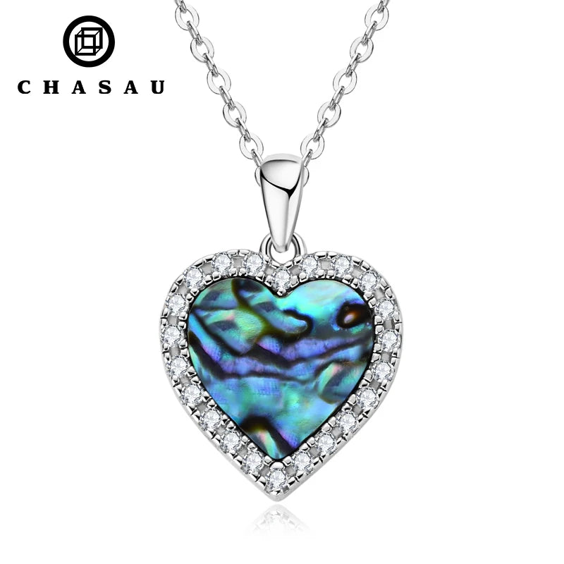 Fashion Pendant Jewelry 925 Sterling Silver Pave Round 1.2mm Moissanite & 10mm Heart Abalone Shell Pendant Necklace