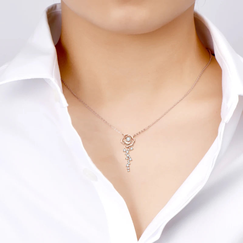 Chasau 925 Sterling Silver Moissanite Rose Flower Pendant Silver Rose Gold Earrings & Pendant Necklace Jewelry Set for Women
