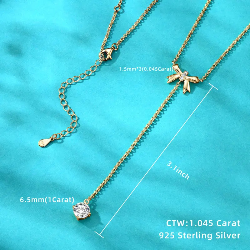 Unique Style 925 Silver 6.5mm 1ct & 1.5mm Round Moissanite Fashion Ladies Y Shape Bow Adjustable Y Lariat Butterfly Necklace