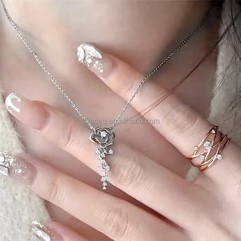 Chasau 925 Sterling Silver Moissanite Rose Flower Pendant Silver Rose Gold Earrings & Pendant Necklace Jewelry Set for Women