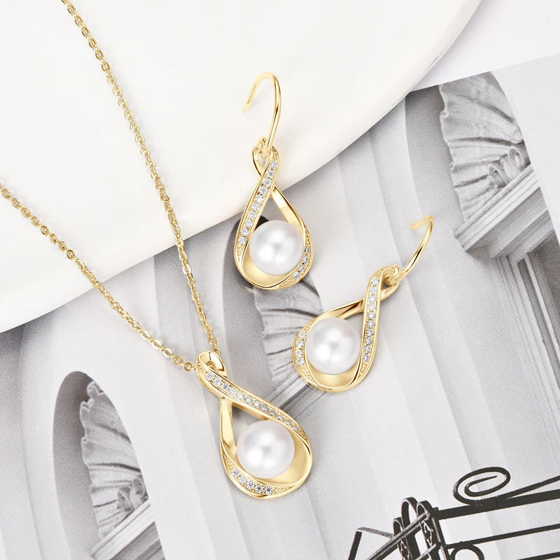 Chasau 925 Sterling Silver Moissanite Freshwater Pearl Jewelry Set Bread-Shaped Infinity Pendant Necklace Earrings for Gift