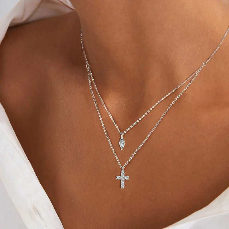 New Arrivals Fashionable Double Layer 925 Silver Necklace for Ladies 3x6mm Marquise Cut 2mm Moissanite Cross Moissanite Necklace