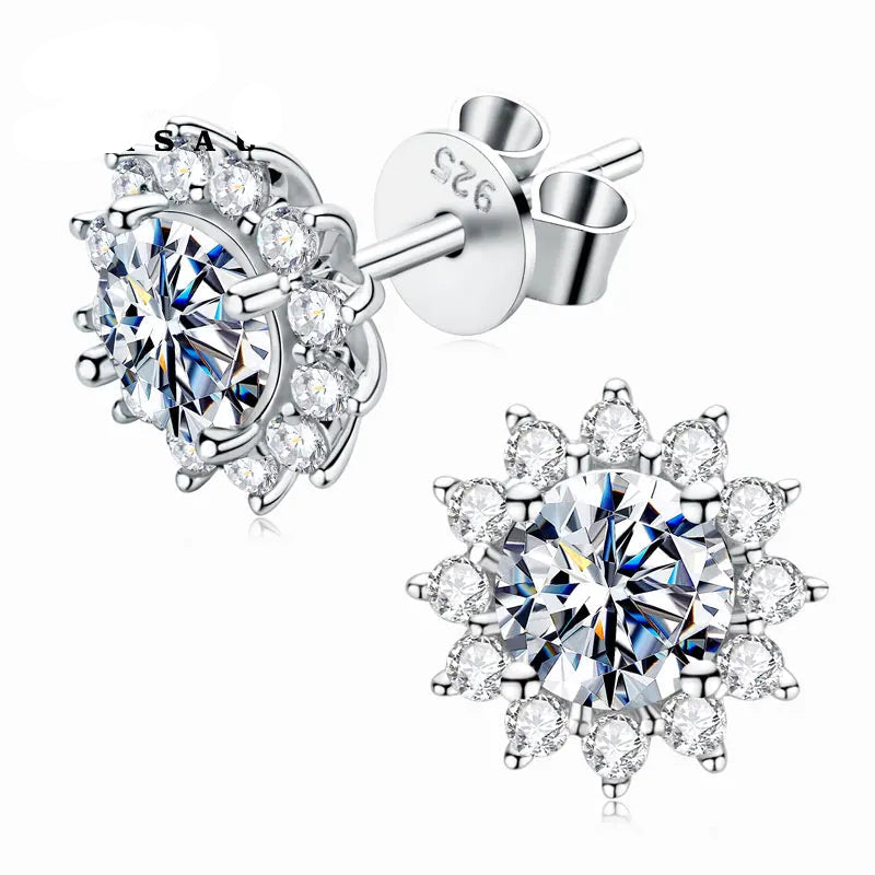 Fashionable S925 Sterling Silver Diamond 925 Silver Round Cut VVS Moissanite 5.0mm Sun Flower Stud Earrings Jewelry for Woman