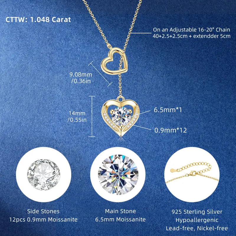 Heart Shaped Necklace Sterling Silver 925 6.5mm & 0.9mm Round Moissanite Double Heart Necklace Women's Fashion Y-Shaped Necklace