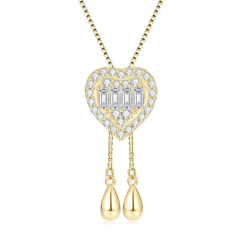 Movable Style 925 Silver Long Square Car 2x4mm & Round 1.8mm 1.5mm Moissanite Adjustable Fringe Heart Lariat Necklace