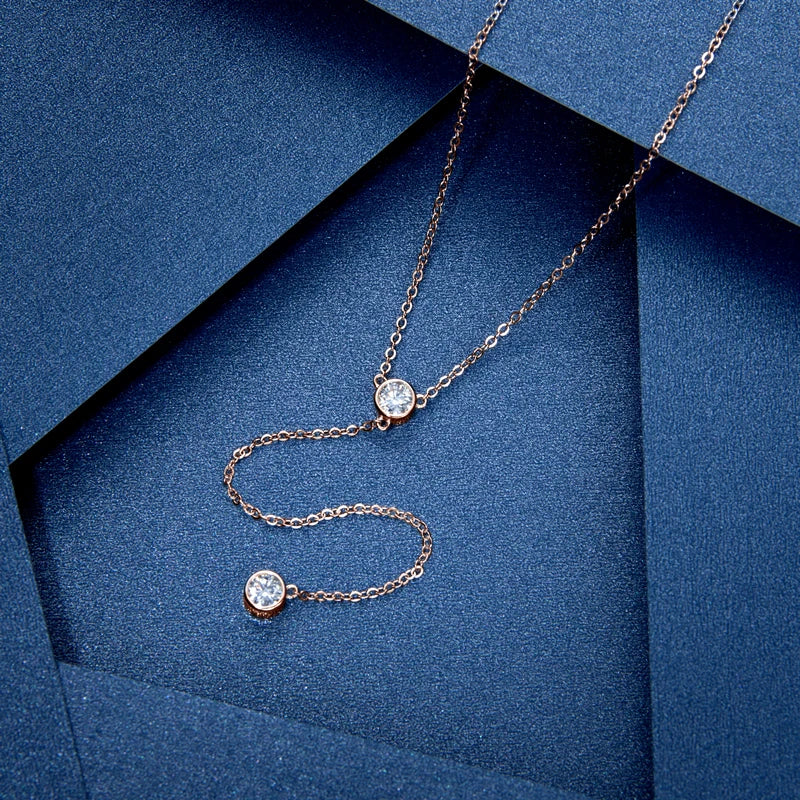 925 Sterling Silver Y-Shaped Tassel Pendant Necklace with 4mm 0.3CT Round Cut Moissanite Simple Bezel Setting