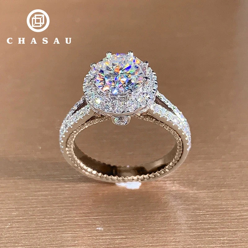 925 Silver 6.5mm 1.0ct 8mm 2.0ct Moissanite Round Halo Split Shank Wedding & Engagement Ring for Women