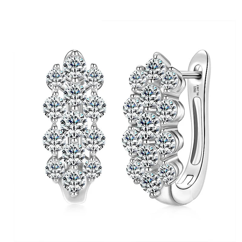 925 Silver Cluster Round Cut 3.5mm&3mm&2.5mm Moissanite Women Cluster Three Row U-Shaped Fashion Hoop Huggie Earrings for Women