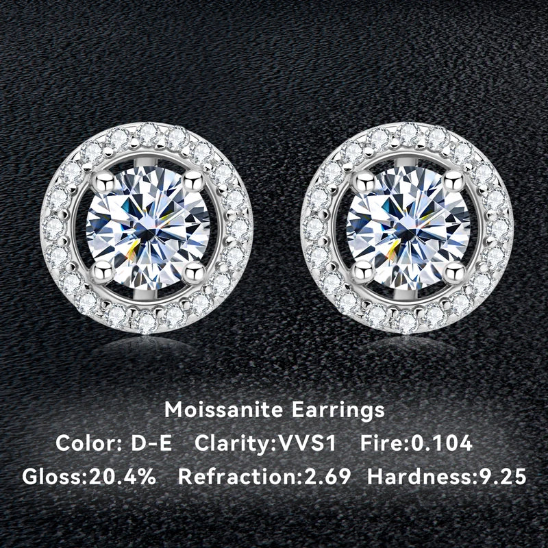 Most Popular 18K White Gold Plated 925 Silver Round Cut Classic 5mm 0.5ct Moissanite Halo Stud Earrings for Women Men