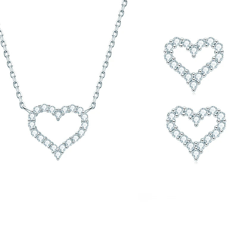 Chasau Fine Jewelry 925 Sterling Silver Moissanite Heart Earrings Pendant Necklace Jewelry Set for Women