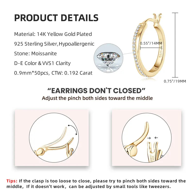 925 Silver 14K Gold Plated Clip Diamond Stud Earrings Wedding Jewelry Gift Classic Real Moissanite Hoop Earrings for Women