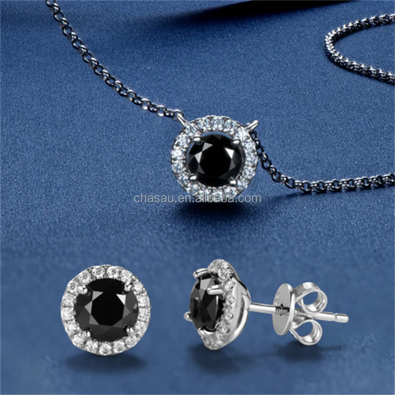 Chasau 925 Sterling Silver 1.0CT Cross Princess Cut Black Moissanite Earrings Pendant Necklace Set for Women and Girls