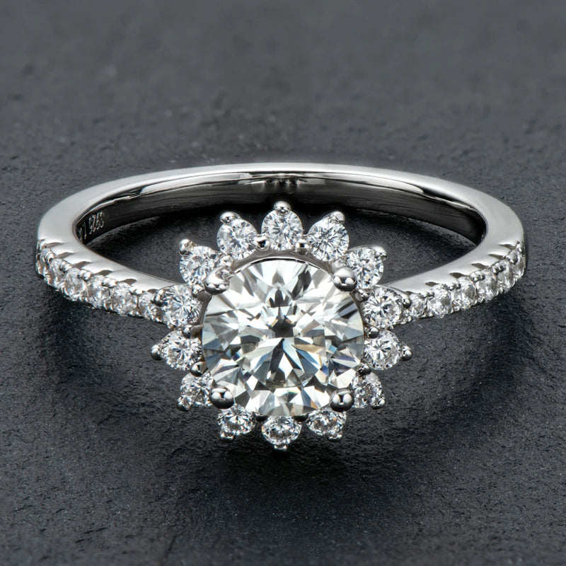 Trendy Luxury Fashion Women's 1ct Moissanite Ring 1.0ct 1 Carat 6.5mm S925 Sterling Silver Sunflower Shape Jewelry for Women
