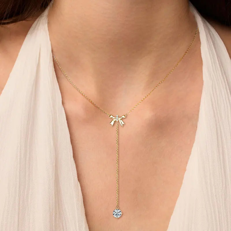 Unique Style 925 Silver 6.5mm 1ct & 1.5mm Round Moissanite Fashion Ladies Y Shape Bow Adjustable Y Lariat Butterfly Necklace