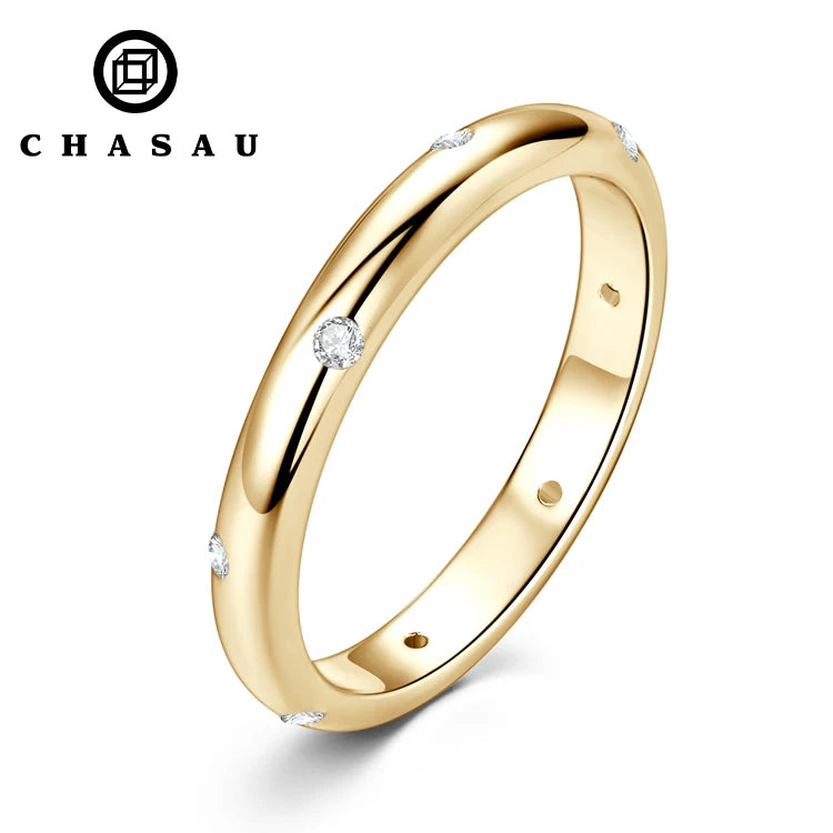 Delicate Daily Jewelry 14K Gold Plated 925 Sterling Silver All Moissanite Dome Burnish Setting Wedding Band Ring for Lovers