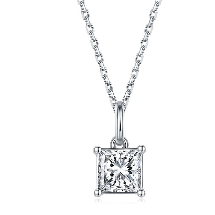 Original Silver 925 Chain Square 1ct 1.0ct Princess Cut 1 Carat 6.5mm Moissanite S925 Sterling Silver Pendant Necklace
