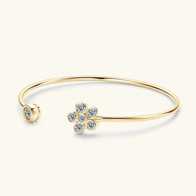 925 Sterling Silver Wrist Jewelry Gift Adjustable Flower Cuff Bracelet Exquisite Bezel Moissanite Bangles for Women Girls