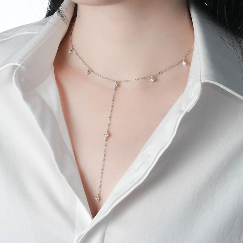Women's Dainty 925 Sterling Silver 3mm 0.1ct Moissanite Tennis Necklace with Y Lariat Long Link Chain for Gift