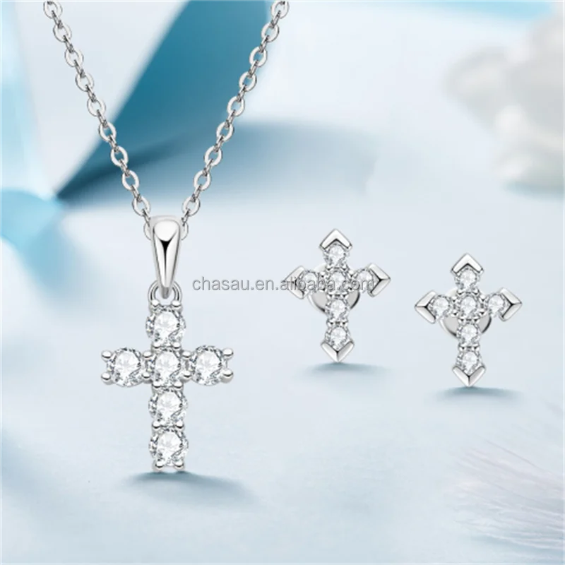 Chasau 925 Sterling Silver 1.0CT Cross Princess Cut Black Moissanite Earrings Pendant Necklace Set for Women and Girls