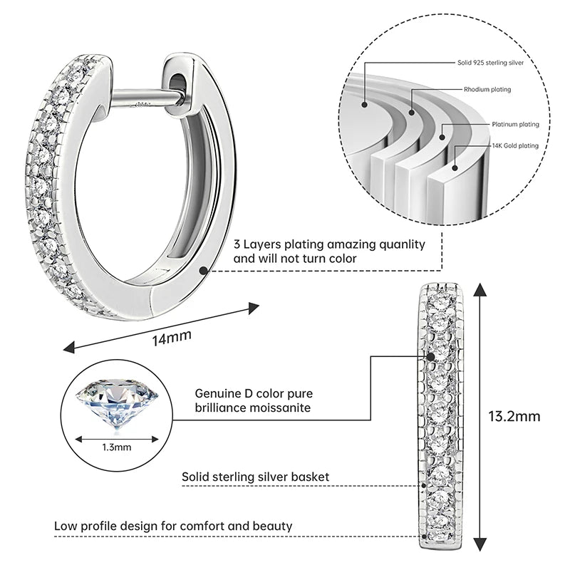 Fashion Luxury 925 Silver Round Cut 1.3mm 0.01CT Moissanite Single Row Hoop Huggie Earrings for Women