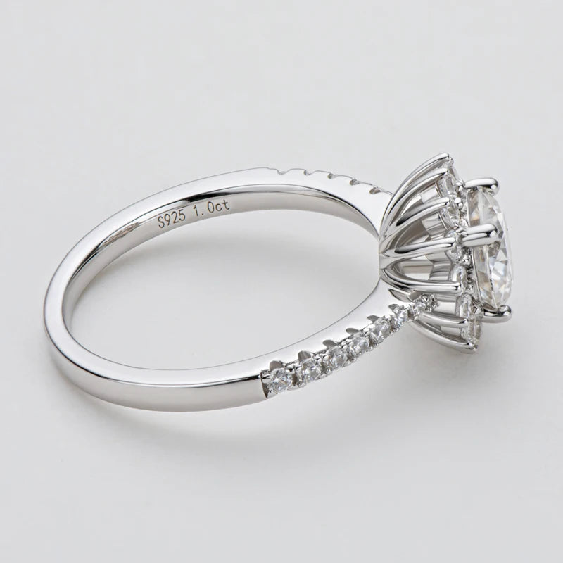 Trendy Luxury Fashion Women's 1ct Moissanite Ring 1.0ct 1 Carat 6.5mm S925 Sterling Silver Sunflower Shape Jewelry for Women