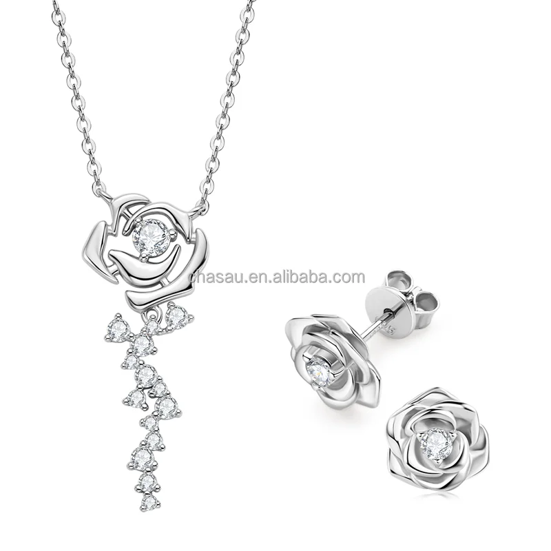 Chasau 925 Sterling Silver Moissanite Rose Flower Pendant Silver Rose Gold Earrings & Pendant Necklace Jewelry Set for Women