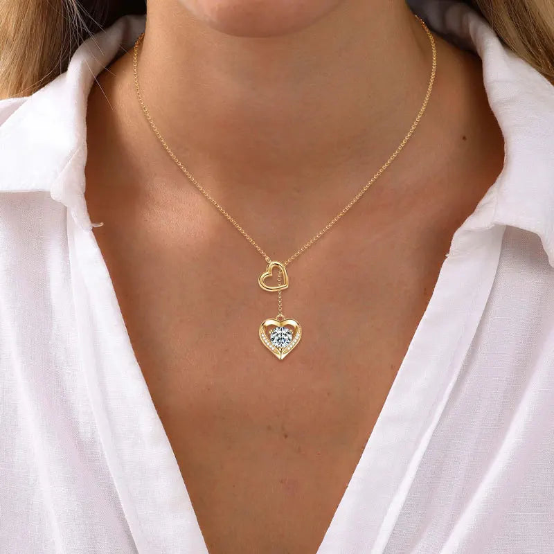 Heart Shaped Necklace Sterling Silver 925 6.5mm & 0.9mm Round Moissanite Double Heart Necklace Women's Fashion Y-Shaped Necklace