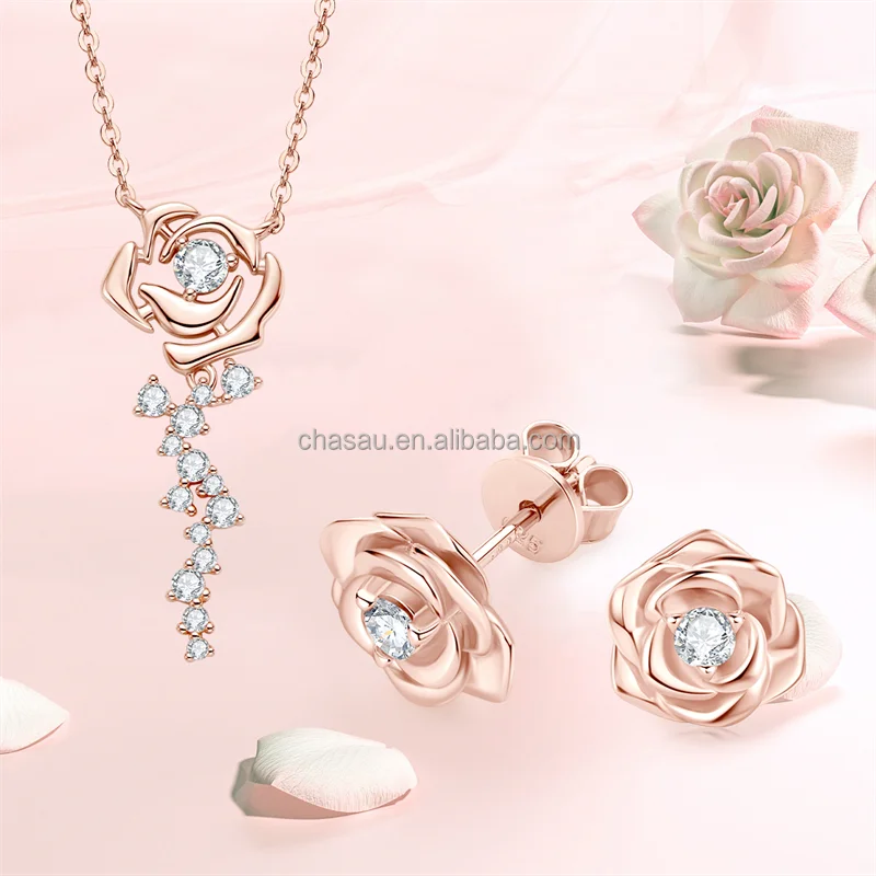 Chasau 925 Sterling Silver Moissanite Rose Flower Pendant Silver Rose Gold Earrings & Pendant Necklace Jewelry Set for Women
