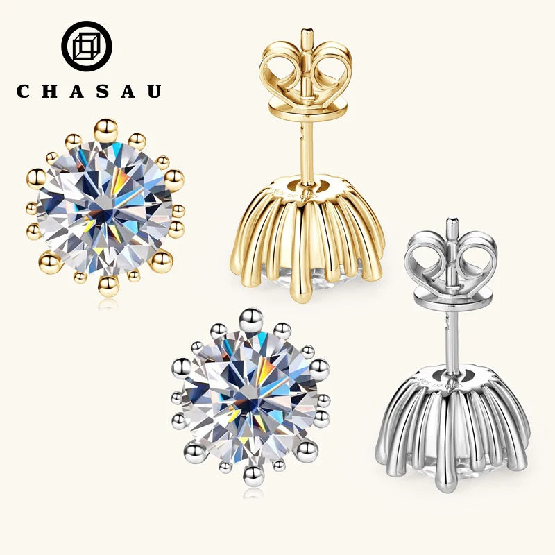 New Arrivals Women Luxury Gold Plated 925 Sterling Silver 8mm 2.0ct VVS1 Moissanite Stud Earrings with Gra Certificate