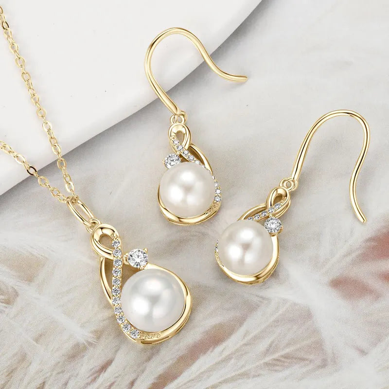 Hot Selling Exquisite Fashion 8-8.5mm 9.5-10mm Bread-shaped Pearl Infinity Earring Pendant Necklace Jewelry Set for Women Gift