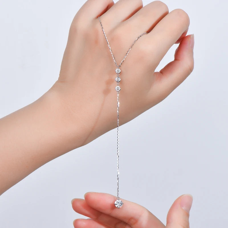 Women Jewelry Certificate 925 Sterling Silver Long Thin Chain 6.5mm&3mm D Color Y Shape Moissanite Diamond Necklace