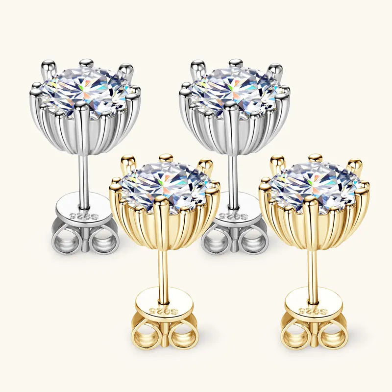 New Arrivals Women Luxury Gold Plated 925 Sterling Silver 8mm 2.0ct VVS1 Moissanite Stud Earrings with Gra Certificate