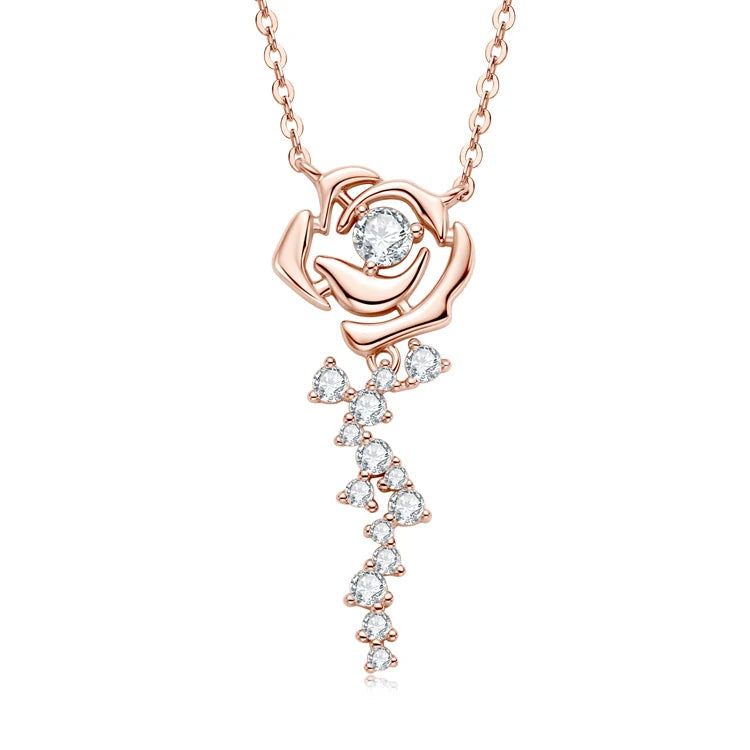 High Quality 925 Sterling Silver Round Cut 3.5mm Moissanite Stone Necklace Luxury Rose Flower Pendant