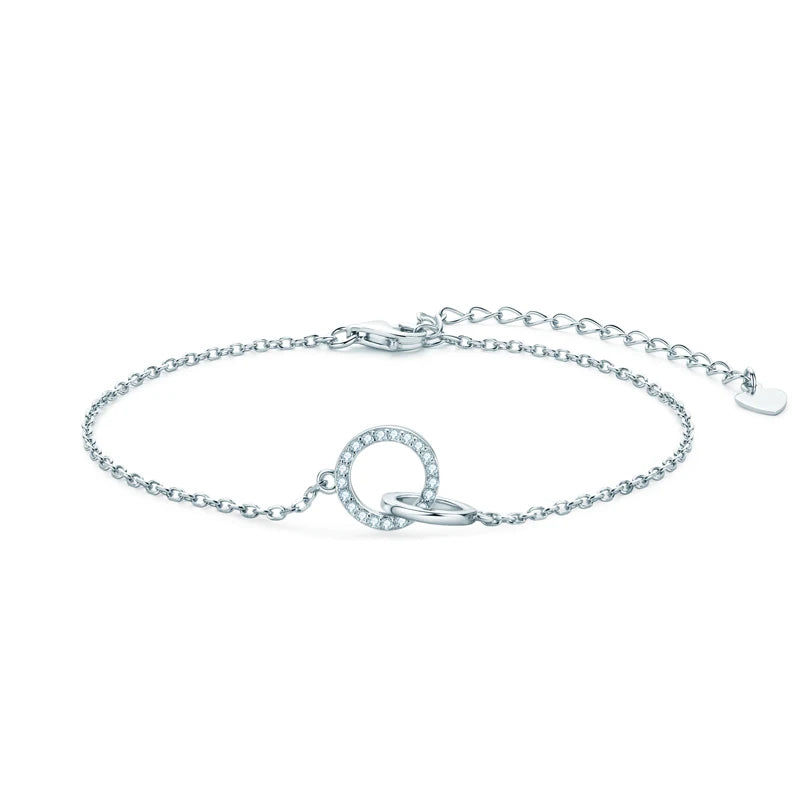 Geometric Round Casual 925 Sterling Silver Pave 1mm 0.005ct Moissanite Double Circle Eternity Sister Bolo Bracelet