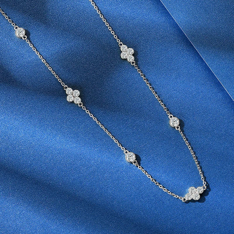 2024 New Trendy 925 Sterling Silver 3mm&2mm Round Cut Moissanite Stone Four Leaf Clover Choker Necklace for Women