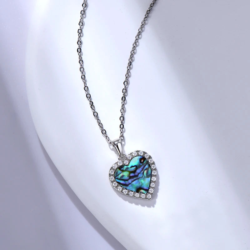 Fashion Pendant Jewelry 925 Sterling Silver Pave Round 1.2mm Moissanite & 10mm Heart Abalone Shell Pendant Necklace