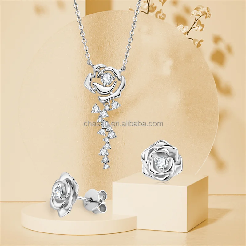 Chasau 925 Sterling Silver Moissanite Rose Flower Pendant Silver Rose Gold Earrings & Pendant Necklace Jewelry Set for Women