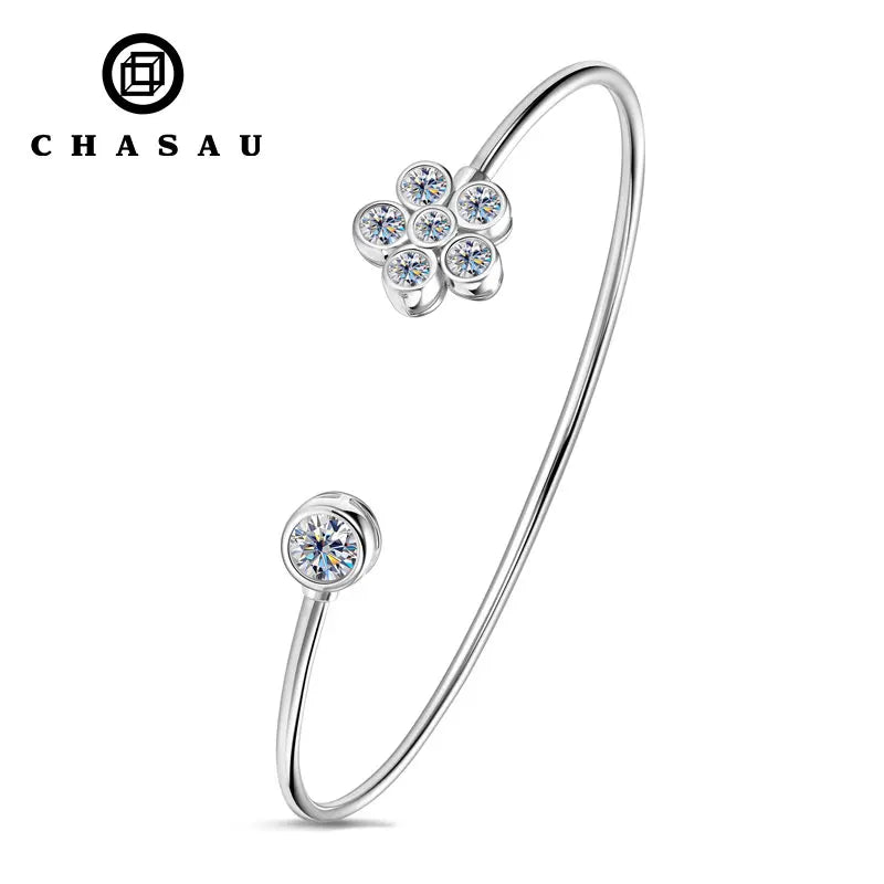 925 Sterling Silver Wrist Jewelry Gift Adjustable Flower Cuff Bracelet Exquisite Bezel Moissanite Bangles for Women Girls
