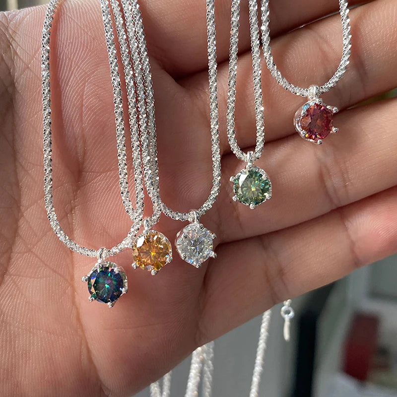 Multi Color Choice D Color with GRA Certification 6.5mm 1CT 925 Sterling Silver Round Cut Moissanite Colorful Necklace