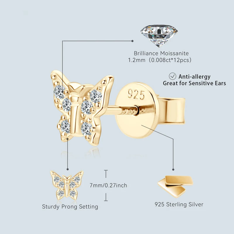 New Arrival D Color Moissanite Original 925 Sterling Silver Earrings Cute Bling Butterfly Stud Earring for Women