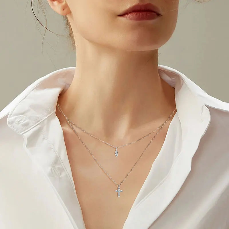 New Arrivals Fashionable Double Layer 925 Silver Necklace for Ladies 3x6mm Marquise Cut 2mm Moissanite Cross Moissanite Necklace