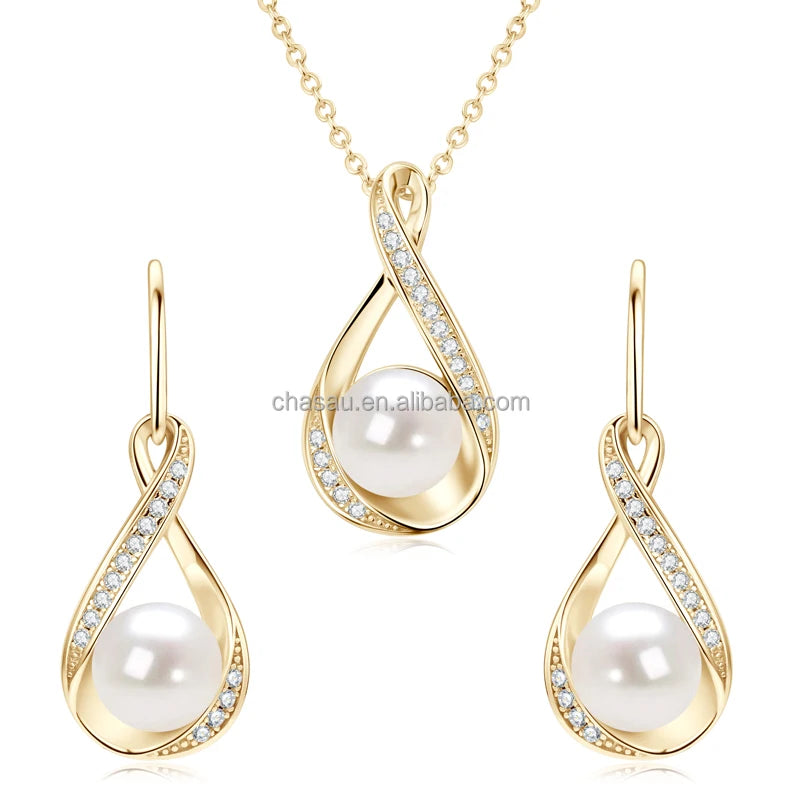 Chasau 925 Sterling Silver Moissanite Freshwater Pearl Jewelry Set Bread-Shaped Infinity Pendant Necklace Earrings for Gift