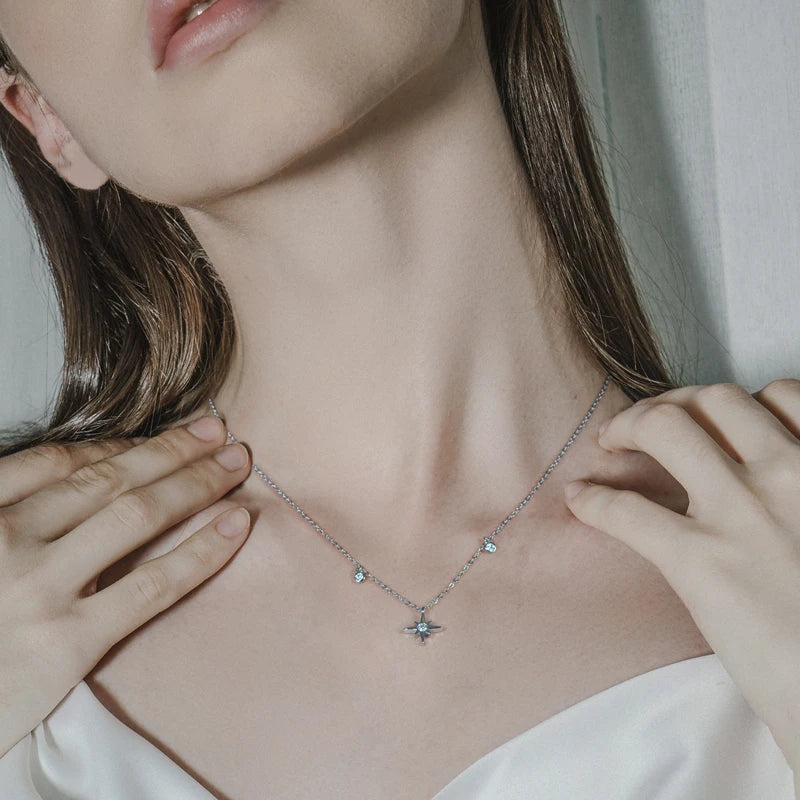 Starburst North-Star Charm Pendant Virgin Girls Choker 925 Sterling Silver 3mm Moissanite Star Necklace for Women