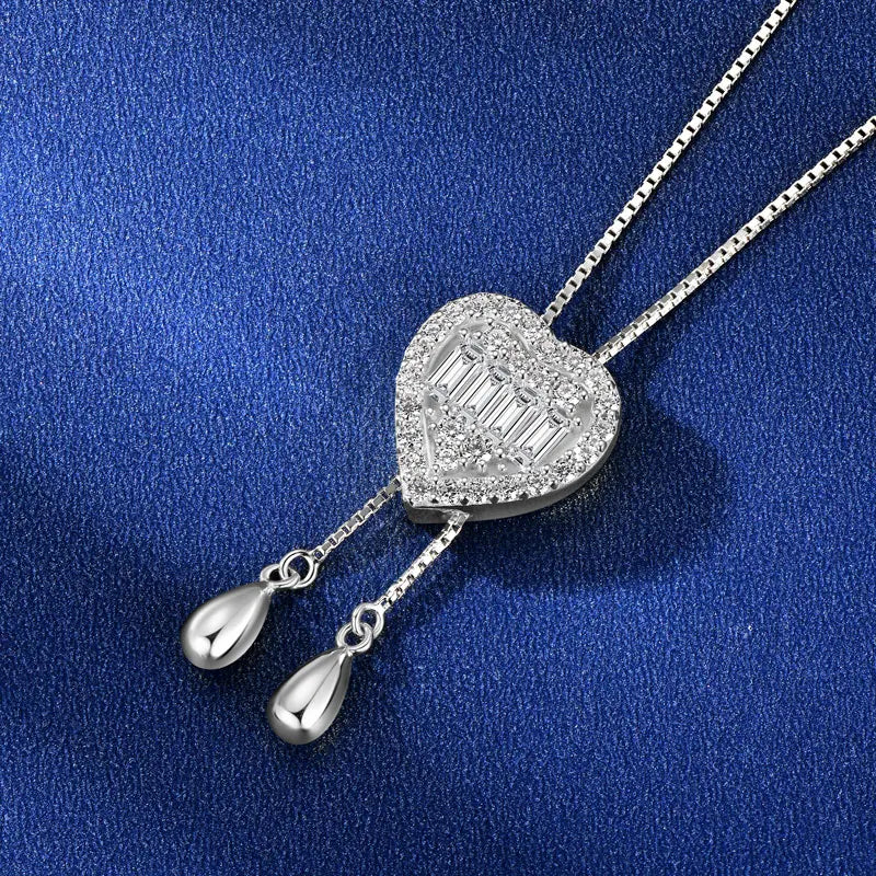 Movable Style 925 Silver Long Square Car 2x4mm & Round 1.8mm 1.5mm Moissanite Adjustable Fringe Heart Lariat Necklace
