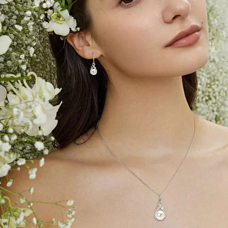 Hot Selling Exquisite Fashion 8-8.5mm 9.5-10mm Bread-shaped Pearl Infinity Earring Pendant Necklace Jewelry Set for Women Gift