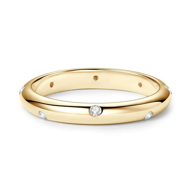 Delicate Daily Jewelry 14K Gold Plated 925 Sterling Silver All Moissanite Dome Burnish Setting Wedding Band Ring for Lovers
