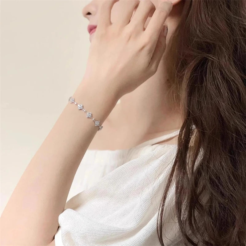 Hot Sale Classic Fashion Women Luxury Fine Jewelry Moissanite 925 Sterling Silver Clover Shape Adjustable Bracelet for Christmas