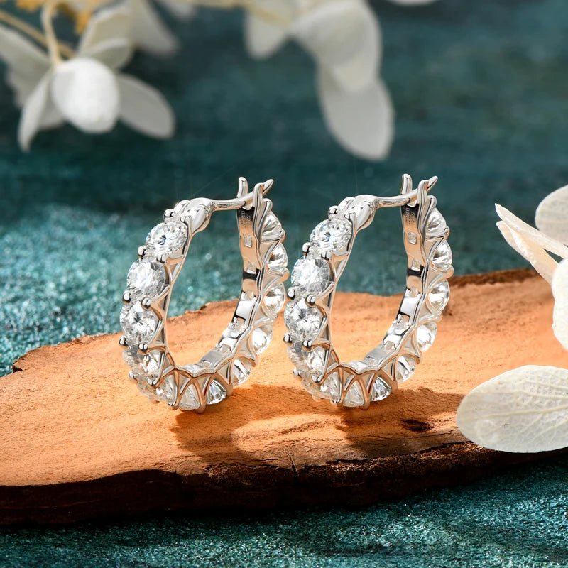 Luxury Hoops Sparking Full 3mm 4mm Moissanite Earrings Solid Silver 925 Huggie Wedding Engagement Jewelry Gifts for Women